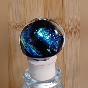 Hand Blown Art Glass Marble Style Wine Stopper Blue Red Gold Sparkly DICHROIC